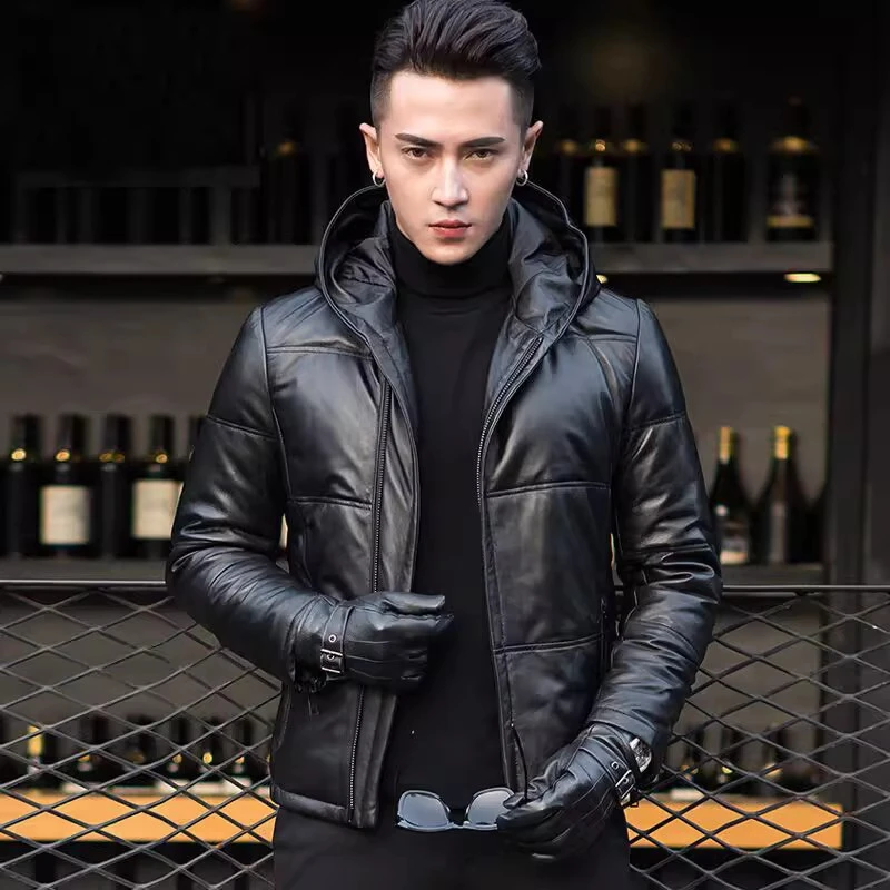 冬季新款海宁真皮皮衣男短款连帽修身皮夹克休闲百搭加厚保暖外套