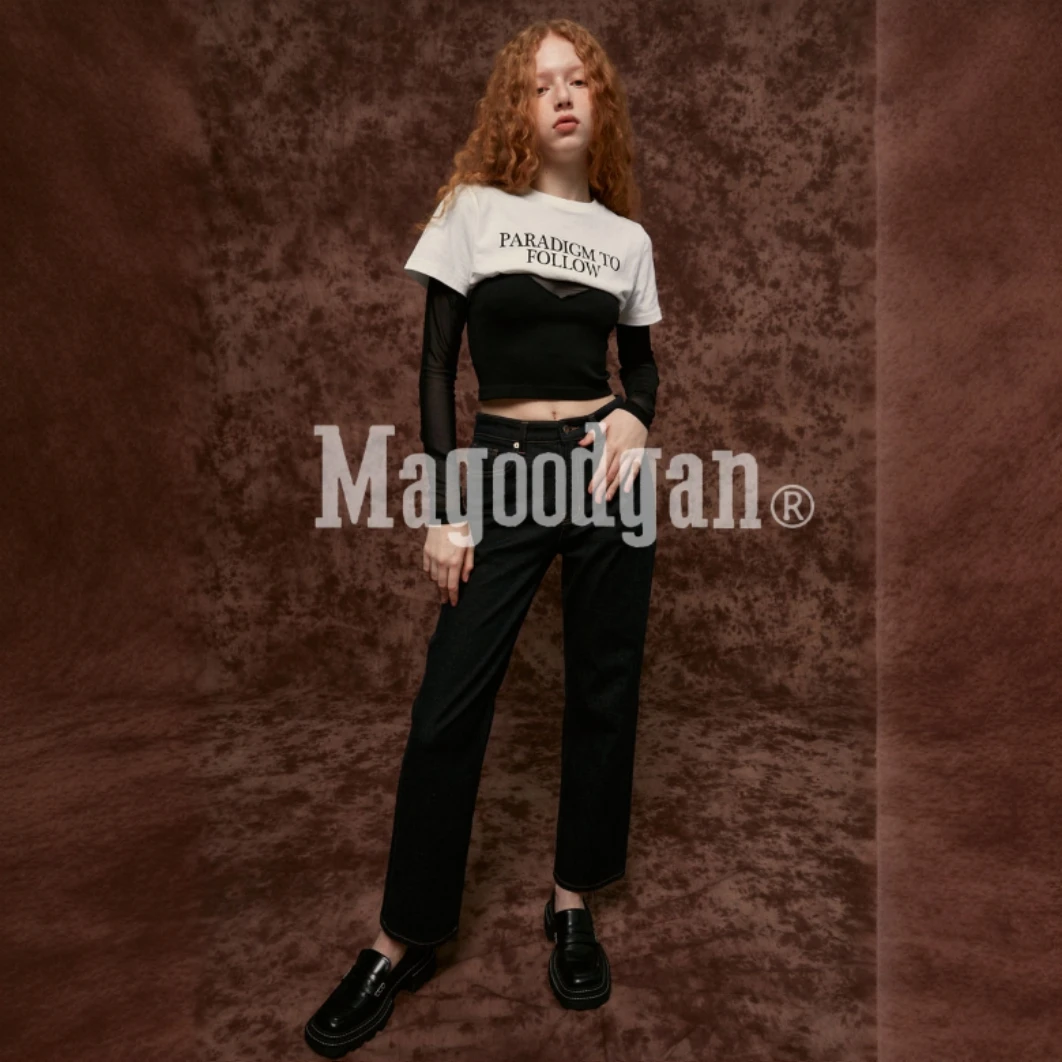 Magoodgan7402复古百搭神裤中腰显瘦弹力小个子牛仔裤小直筒裤女