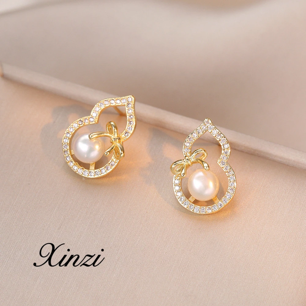 铜合金合成锆石耳饰 H3137小众轻奢淡水葫芦珠珠耳钉小巧精致