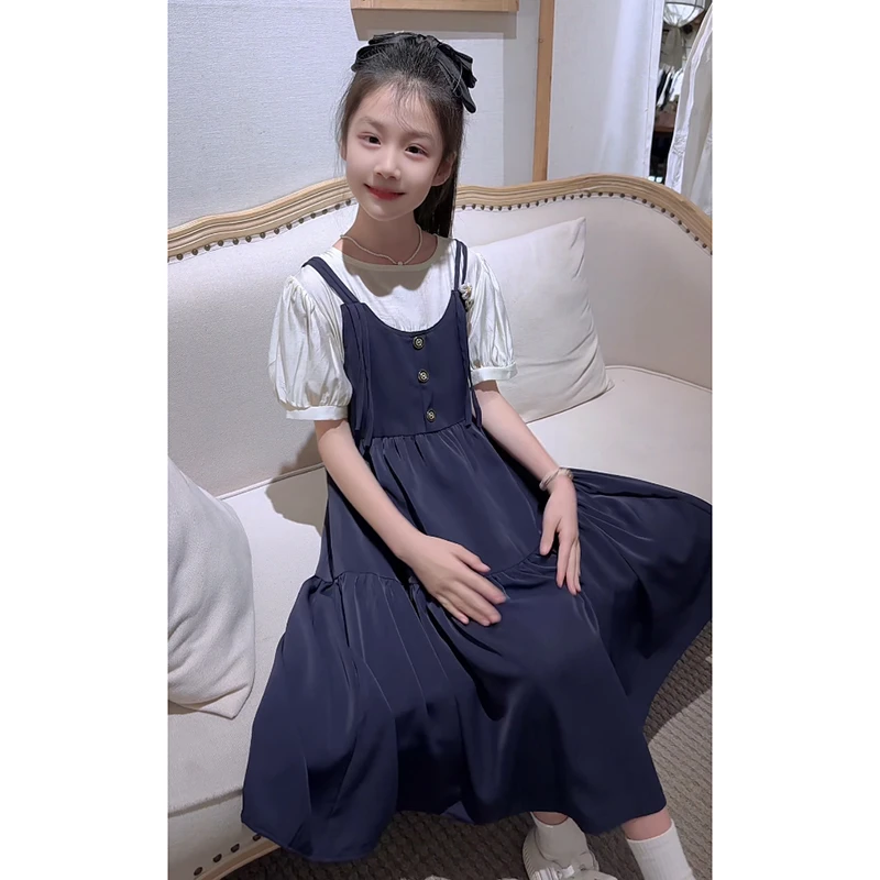 女童夏季时尚百搭假两件连衣裙洋气显瘦气质法式小个子泡泡袖宽松