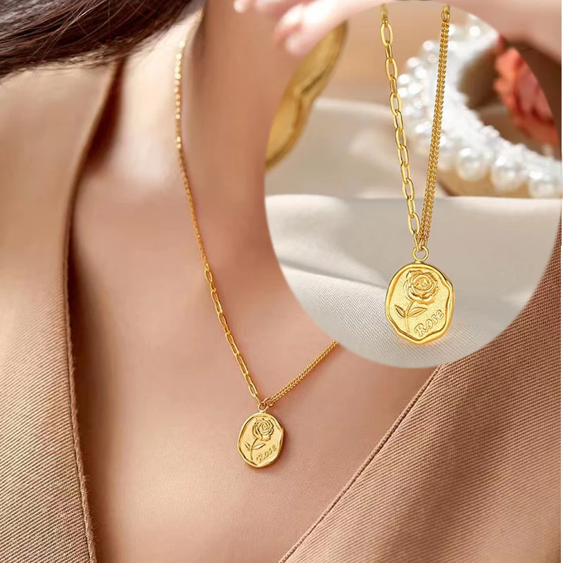 铜合金吊坠 正品仿真金色复古浮刻玫瑰花牌项链子 镀金久不掉色