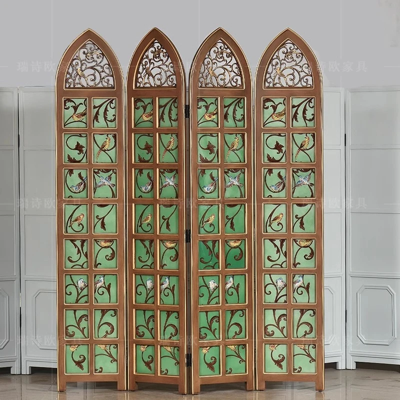 瑞诗欧美式屏风客厅隔断四连高档奢华玄关家居别墅折屏手绘工艺品