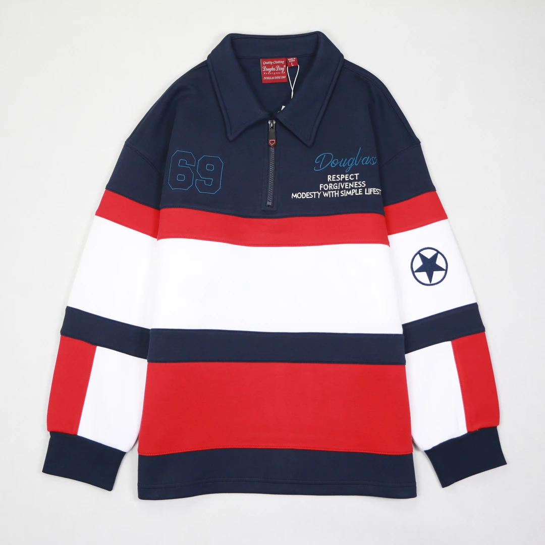 【道格拉斯】蓝色五名治半拉链宽松休闲男士翻领长袖POLO衫DD835