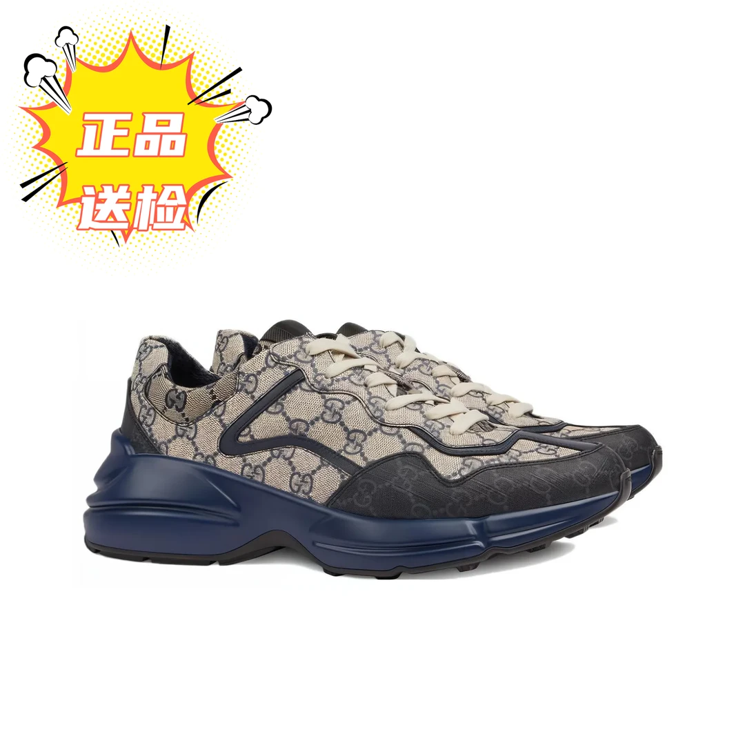 未使用 GUCCI/古驰 特价 皮革满面老花 增高老爹鞋 男款米蓝 42.5