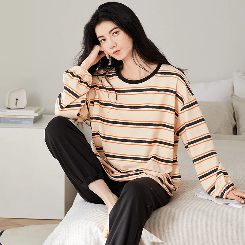 稳稳家长袖长裤套头紧密双面纯棉条纹上衣黑色裤子女士睡衣套装