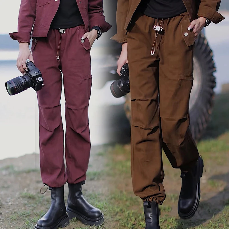 2024牛仔女秋季高腰直筒窄版加厚束脚拖地休闲工装裤 款号23037-A