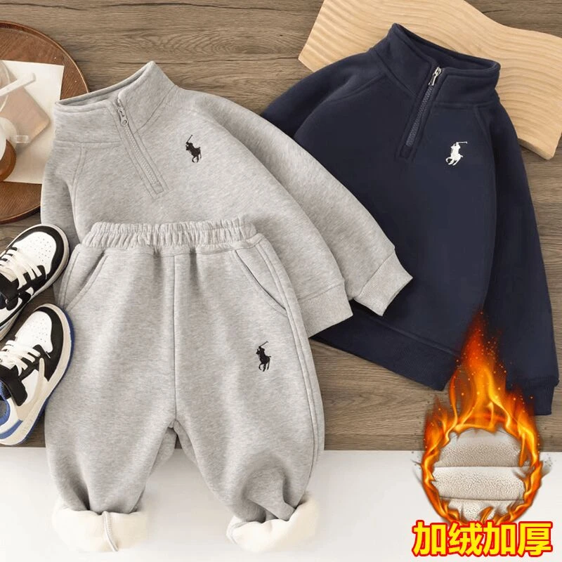 儿童加绒卫衣套装2025春季儿童韩系加厚保暖运动裤潮牌童装两件套