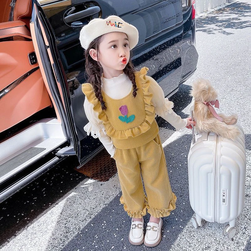 女童春季套装2024新款儿童女宝宝洋气时髦春装木耳边小香风三件套