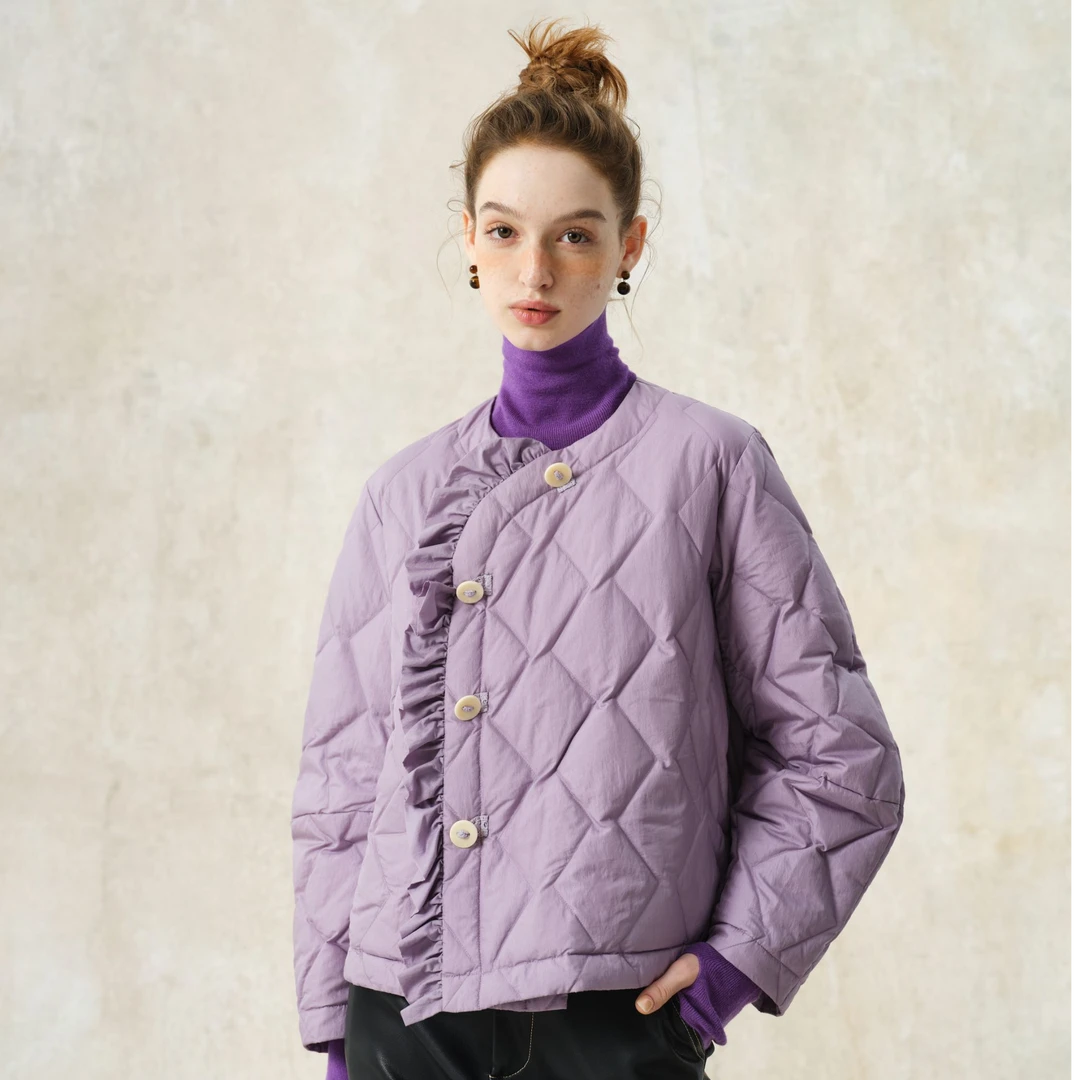 PURE TEA/茶·愫鸭绒羽绒服女木耳边斜门襟冬季新品KF1301C41