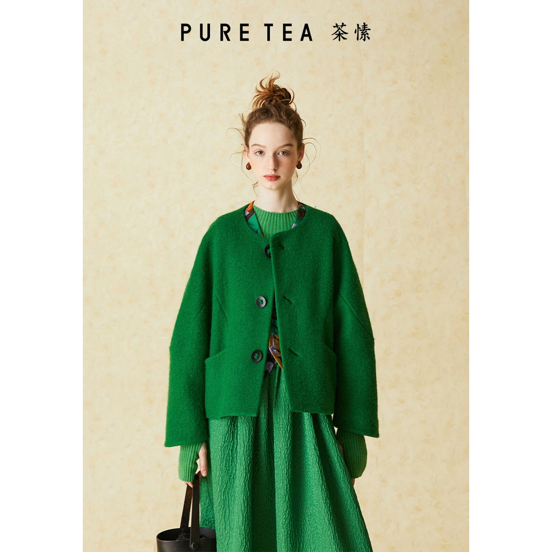 PURE TEA/茶·愫绵羊毛混纺大衣女圆领短款2024冬季TC1101B41