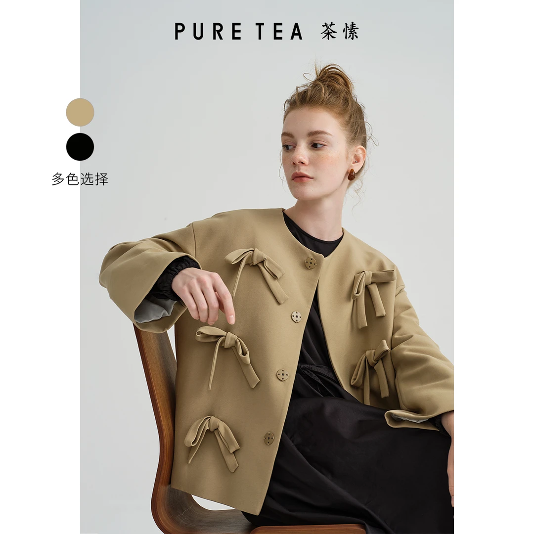 PURE TEA/茶·愫立体蝴蝶结系带短外套女圆领2024秋新款KH0801C31