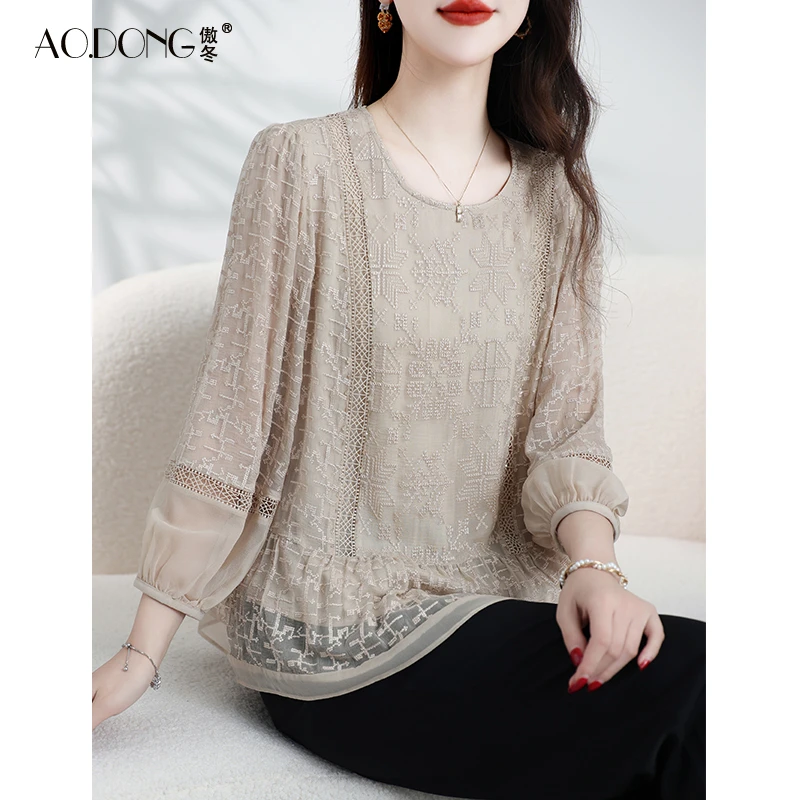 新款杭州高级真丝上衣女中年妈妈气质大牌桑蚕丝T恤刺绣洋气春夏