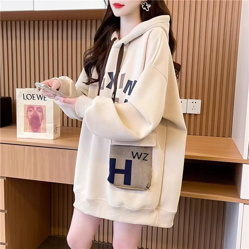 加绒加厚连帽中长款卫衣女秋冬季韩版宽松慵懒风洋气减龄上衣外套