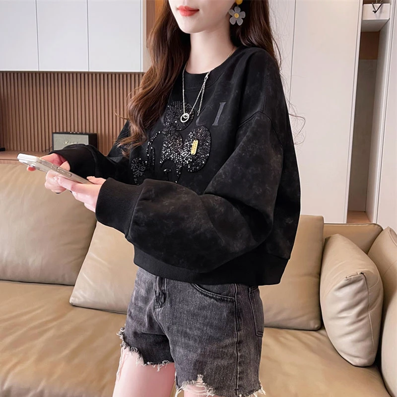 重工扎染短款卫衣女2025新款春秋季韩版宽松薄款小个子渐变色上衣