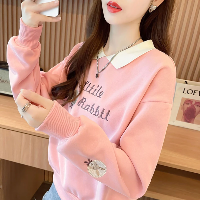 小个子polo领卫衣女秋冬季韩版宽松加绒加厚娃娃领无帽上衣外套潮