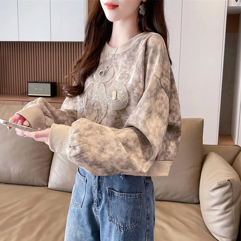 设计感小众扎染卫衣女2025新款秋冬季加绒加厚宽松小个子短款上衣