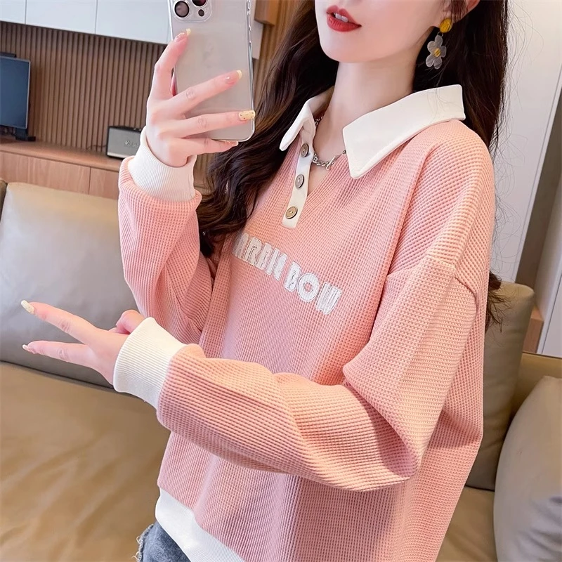 早秋华夫格polo领卫衣女春秋季2025新款宽松大码小个子拼色上衣服