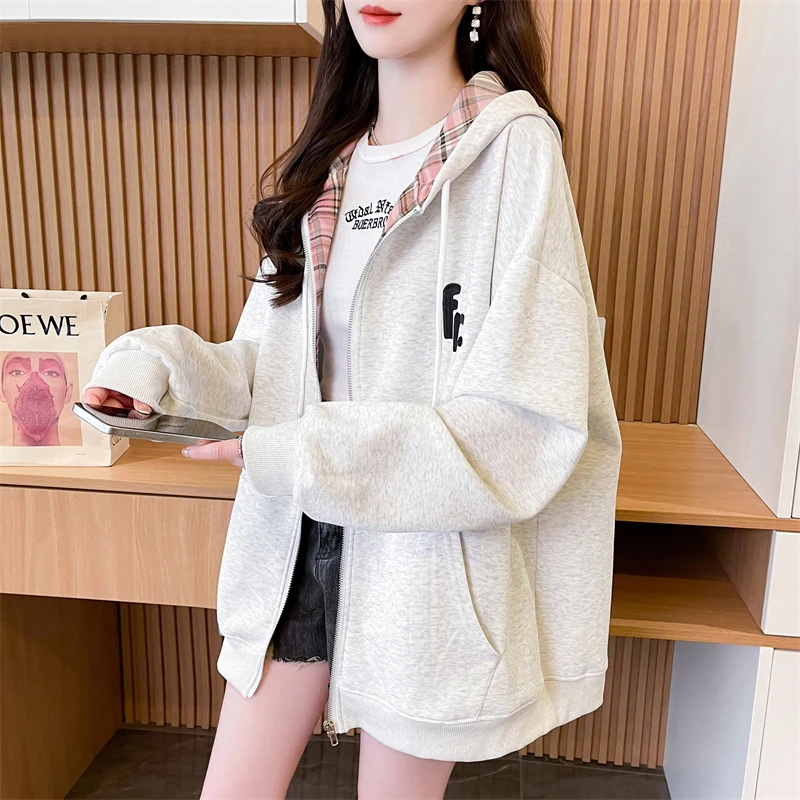 格子拼接连帽卫衣女春秋薄款2025新款韩版宽松中长款开衫上衣外套