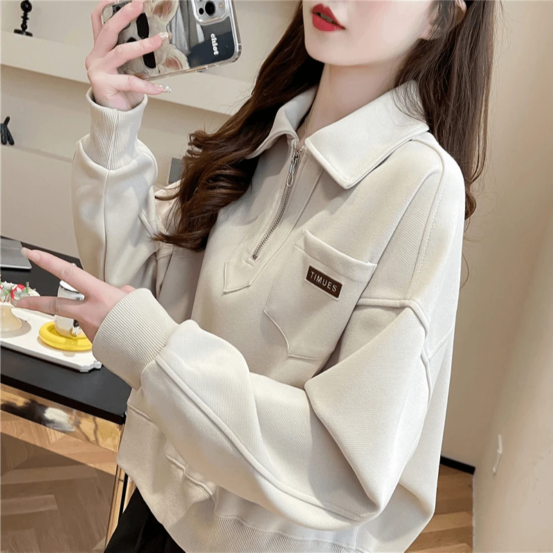 polo领半拉链卫衣女春秋薄款2025新款宽松韩版小个子短款上衣外套