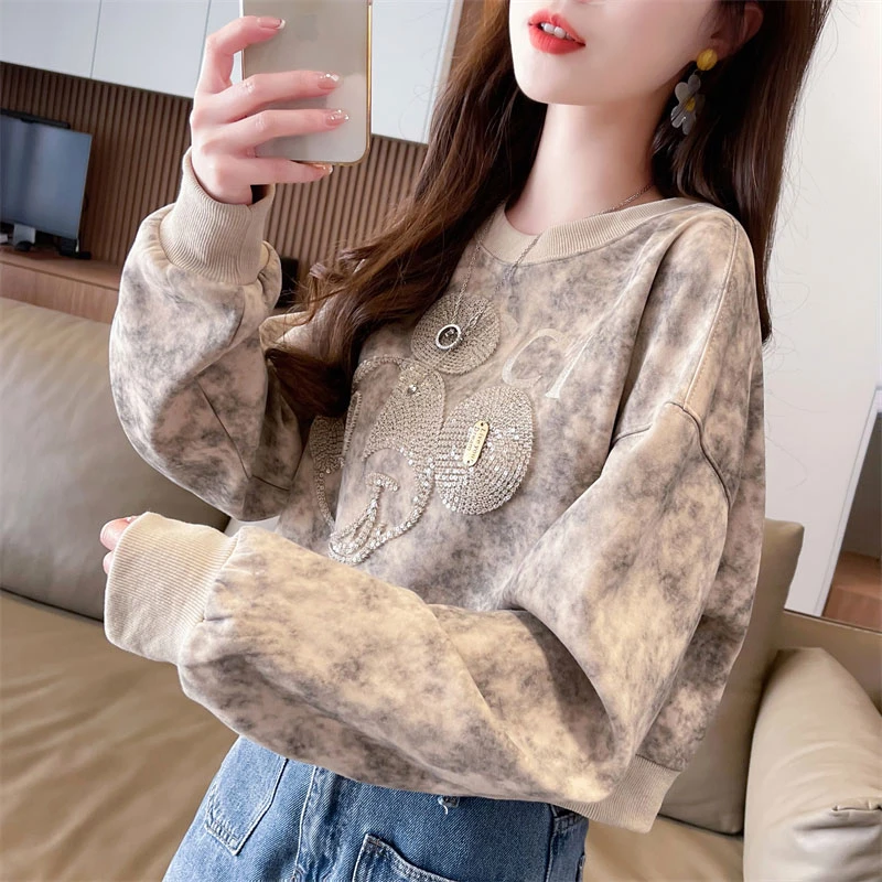 高级感扎染短款卫衣女2025新款春秋季宽松大码女装小个子洋气上衣