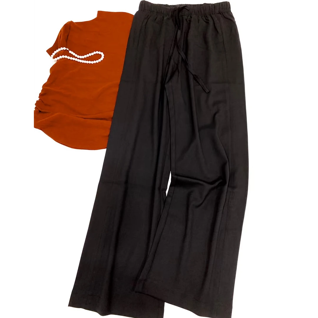 高端休闲裤早秋直通裤抽绳高腰加长阔腿裤醋酸垂感百搭长裤子