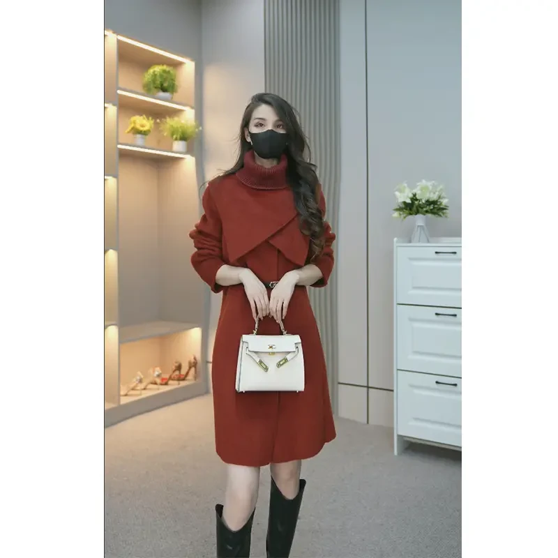 毛呢外套女中长款秋冬新款显瘦设计感收腰呢子大衣高级感三件套1