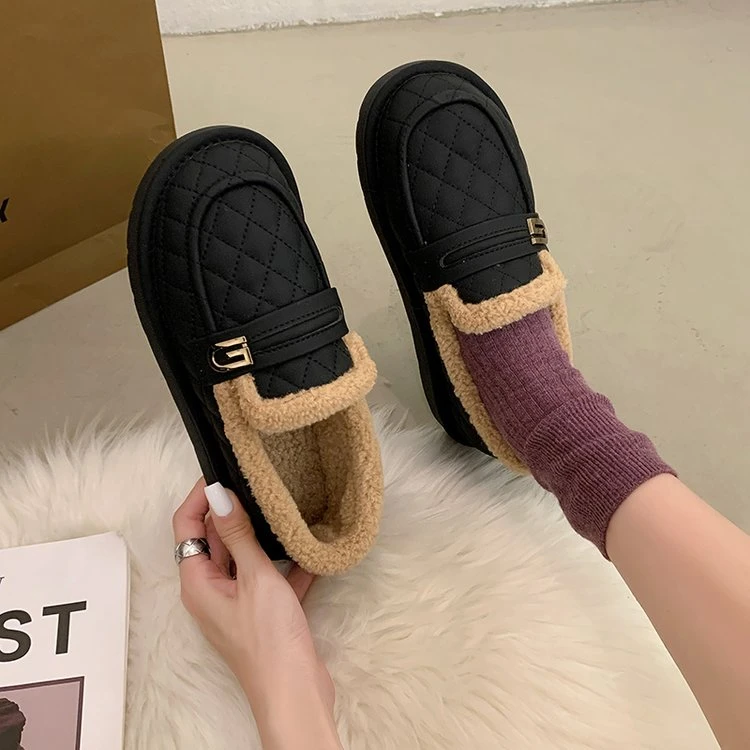 YYCORAL/宇逸瑚圆头乐福鞋冬季豆豆鞋御寒三防外穿软底加绒保暖