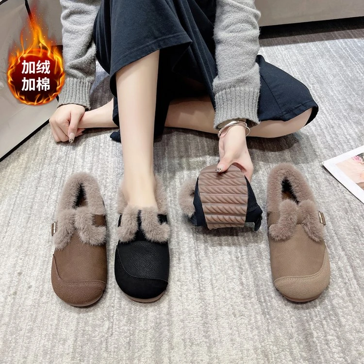YYCORAL/宇逸瑚冬季加绒毛毛鞋女平底保暖外穿豆豆鞋时尚百搭