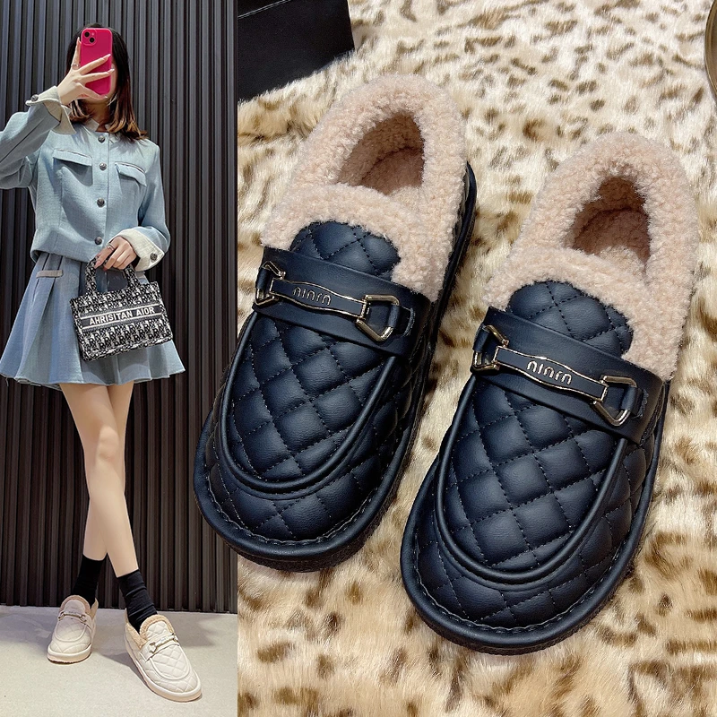 YYCORAL/宇逸瑚冬季加绒豆豆鞋女保暖软底毛毛鞋一脚蹬懒人棉鞋