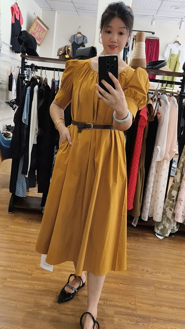 甜美显白宽松泡泡袖连衣裙纯色短袖圆领气质长裙