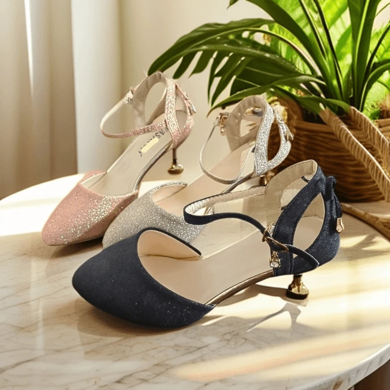 041金属粗跟浅口包头凉鞋高跟一字带单鞋