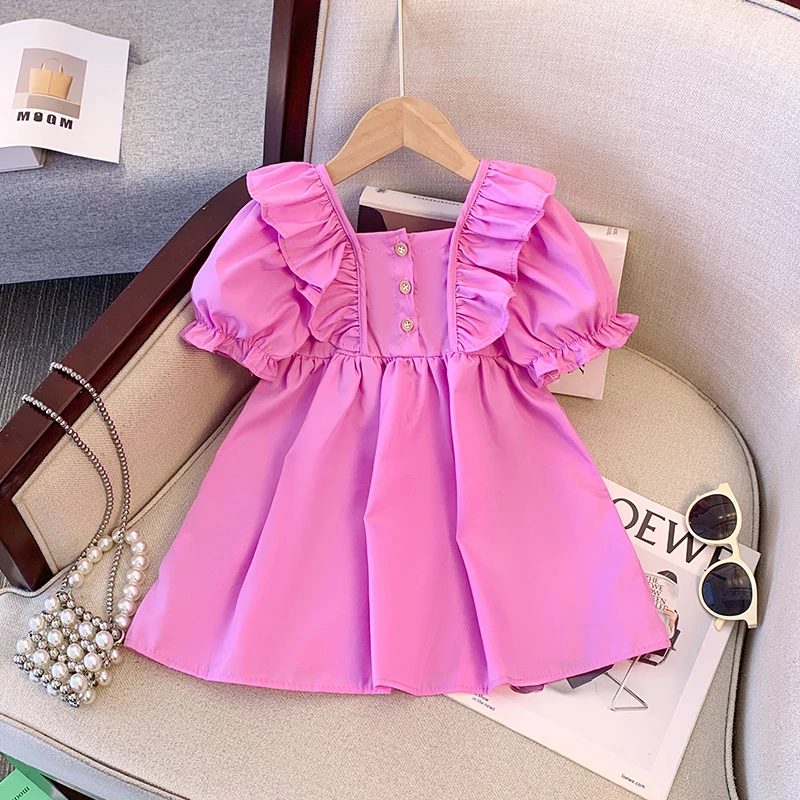 女童紫色公主裙夏季新款洋气时尚连衣裙宝宝泡泡袖收腰网红裙6168