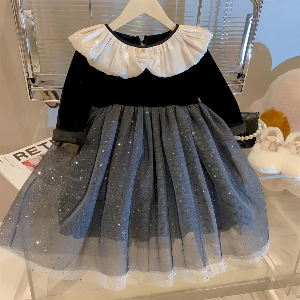6Y141韩系时尚女童秋冬洋气女孩丝绒网纱礼服公主裙儿童连衣裙
