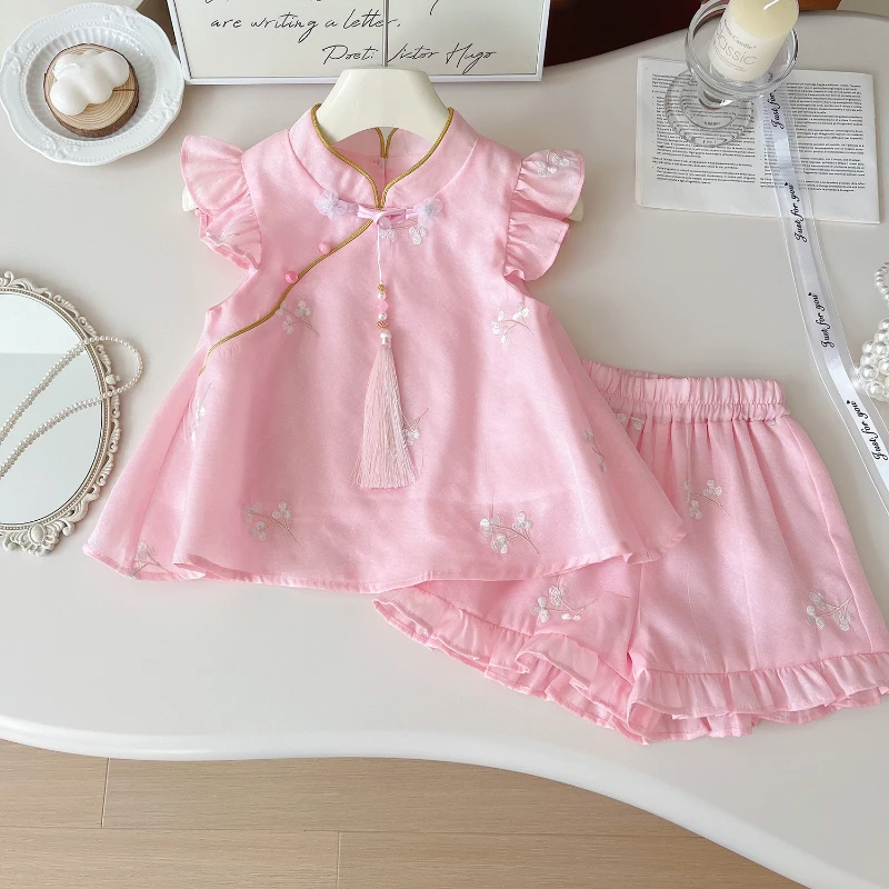 77312女童套装新款韩系儿童夏季洋气绣花飞袖上衣短裤短裤两件套