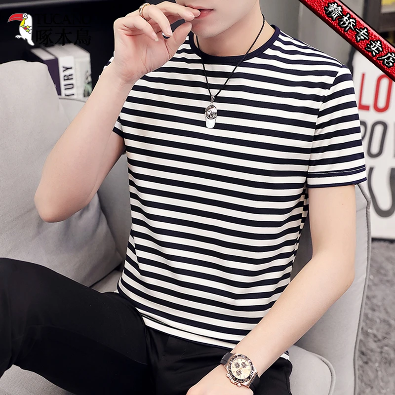 TUCANO/啄木鳥男士夏季冰丝圆领短袖T恤新款修身百搭条纹半袖体恤