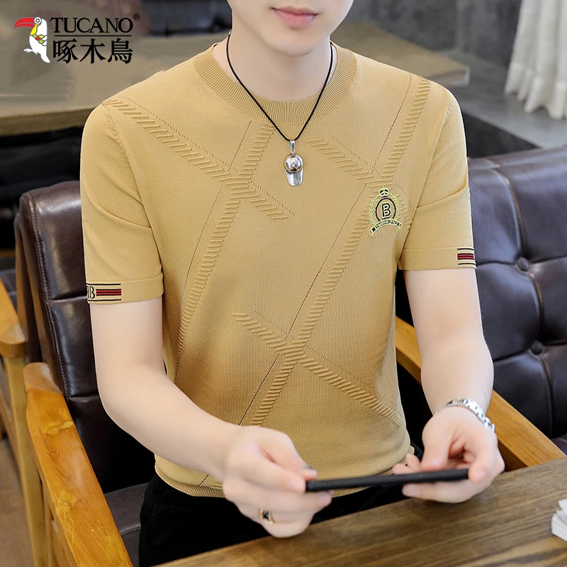 啄木鸟律动莫兰迪男士短袖t恤夏季新款冰丝圆领针织半袖体恤衫薄