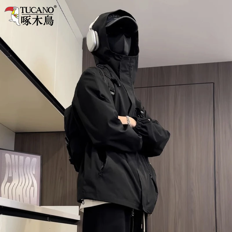 啄木鸟美式机能风防风防水冲锋衣外套男款春秋季新款户外连帽夹克
