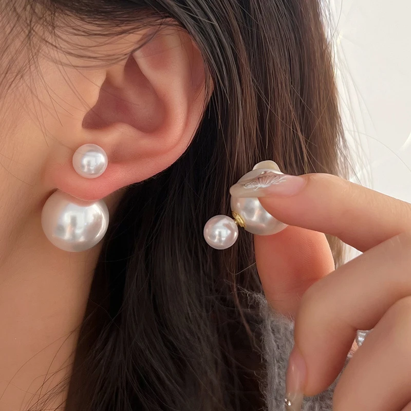 法式复古耳环双面珠耳钉时尚极简耳环女简约气质百搭一款两戴耳饰