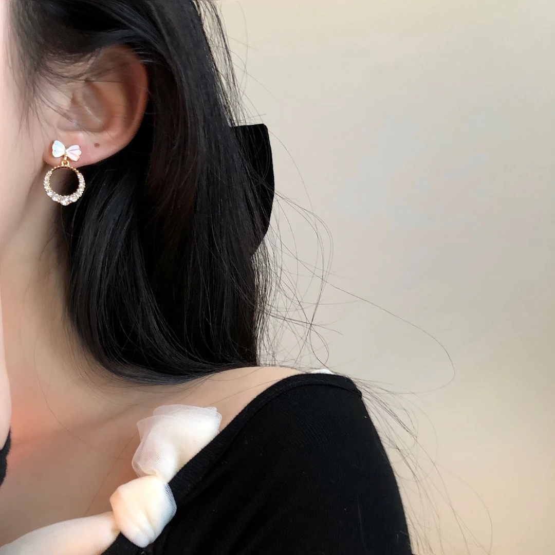 合金合成锆石耳饰 甜美ins百搭网红时尚简约蝴蝶结耳钉女气质耳环