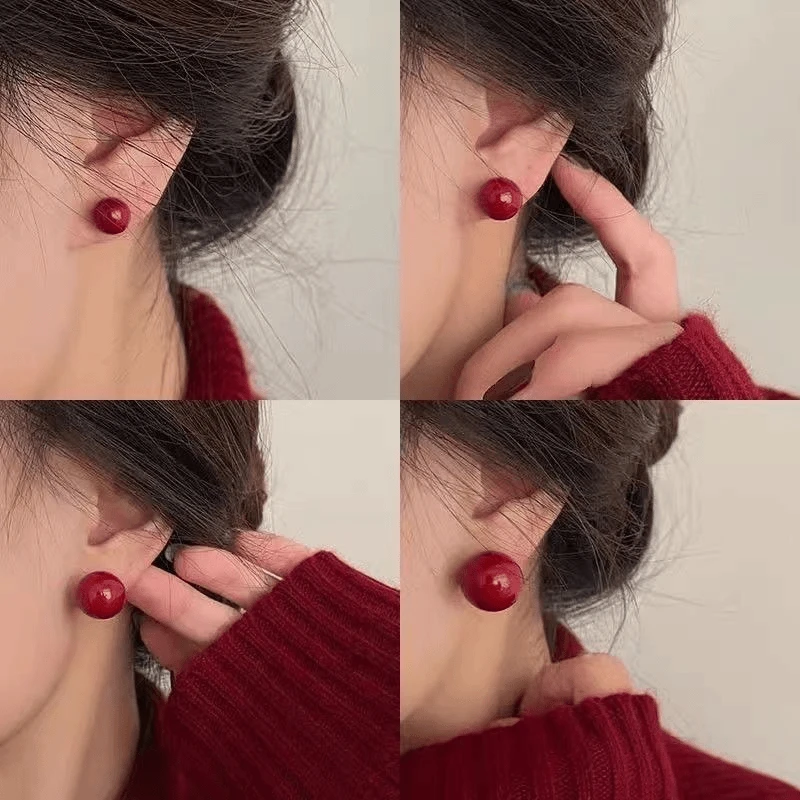 合金耳饰 红色豆豆耳钉2025年新款通勤百搭女适合过年的秋冬耳环