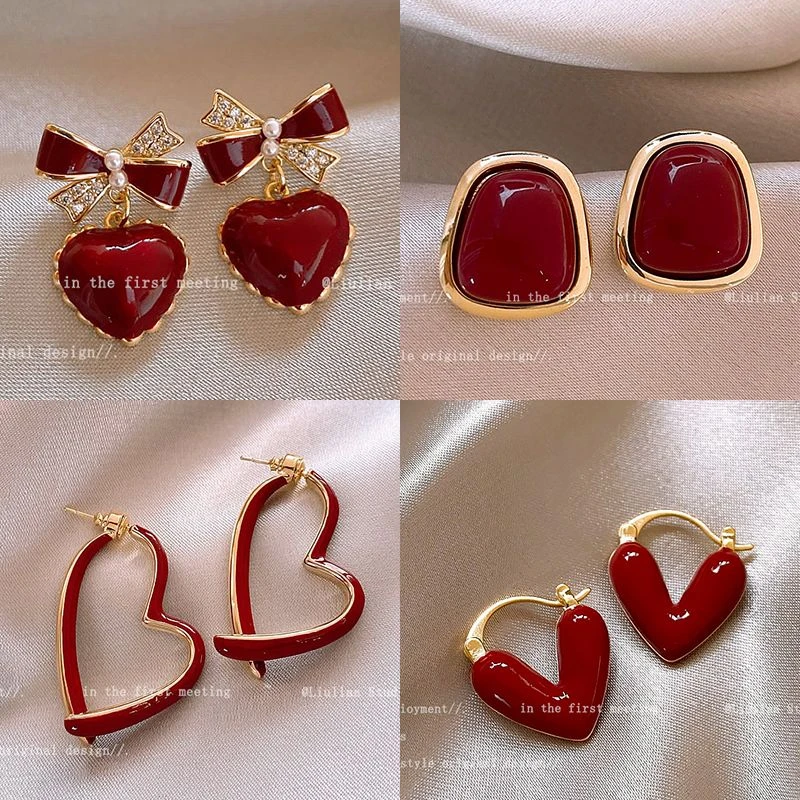 合金耳饰 蝴蝶结耳钉小众轻奢气质红色新款2024爆款独特精致耳环