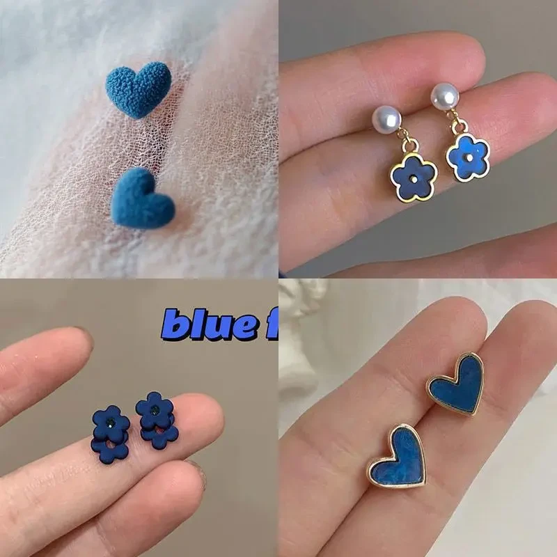 合金耳饰 蓝色耳钉复古爱心小众火爆款高级感时尚气质百搭款耳环