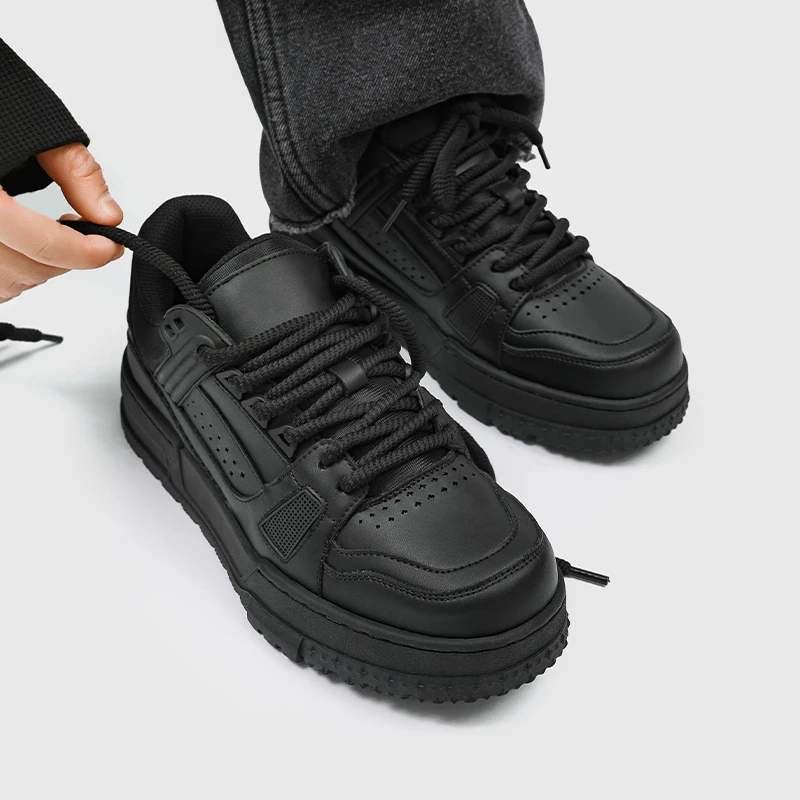 2025新款米奇大头鞋厚底增高低帮黑白靴圆头时尚皮鞋58012