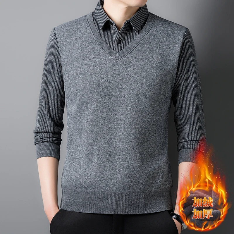 男士毛衣保暖秋冬假两件加绒加厚开衫商务休闲针织衫男衬衫-L0303