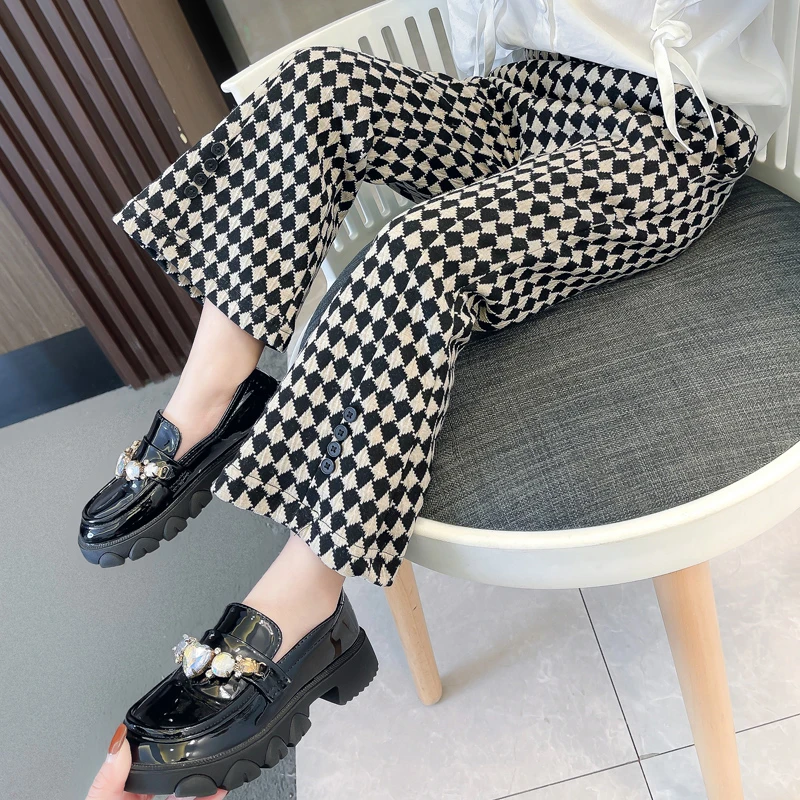 女童秋装格子休闲裤子春装宝宝洋派网红修身儿童春秋季韩版喇叭裤