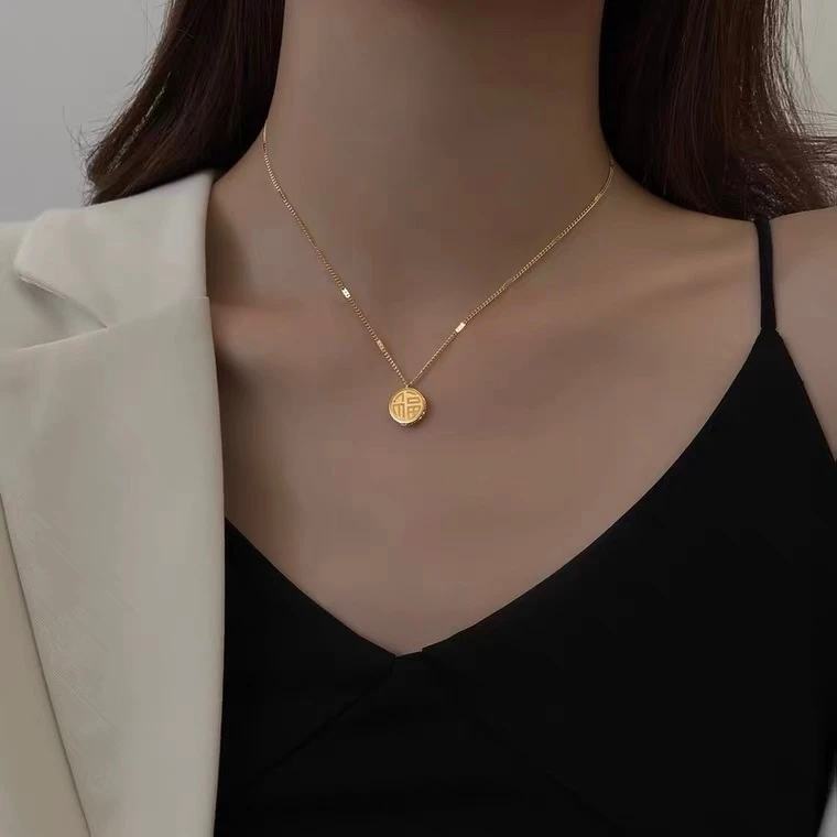 FX-611 时尚气质百搭国风复古福喜圆牌吊坠网红项链女配饰锁骨链