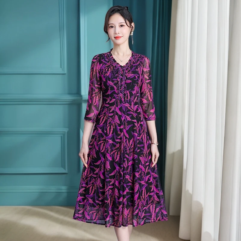 2024台湾纱中长款透气抗皱网纱连衣裙优雅碎花网纱妈妈连衣裙8526