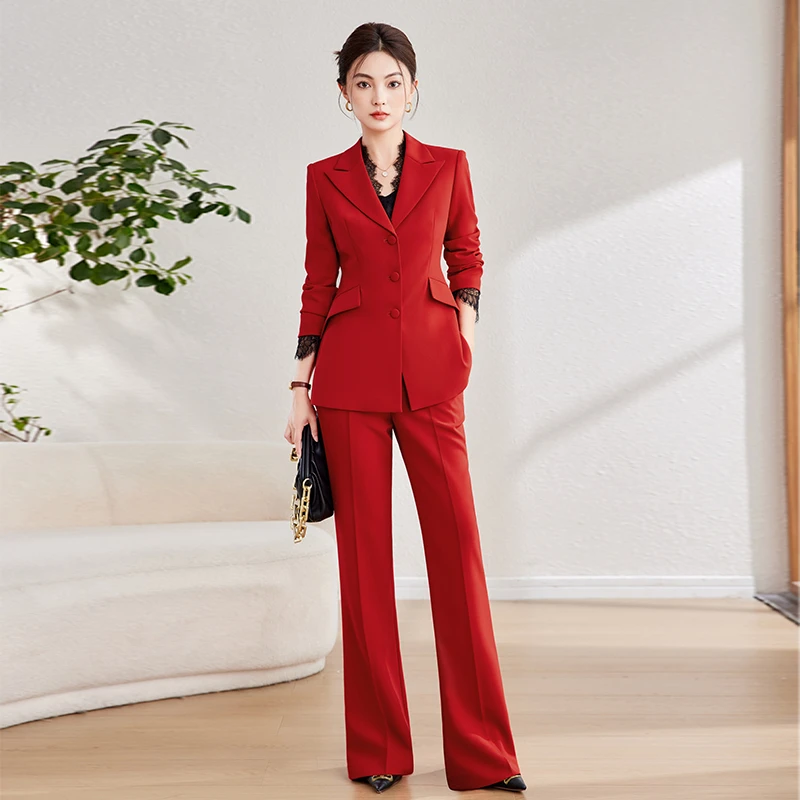 芭妃娅高级感西装套装女时尚拼接蕾丝年会主持人宴会正式场合正装