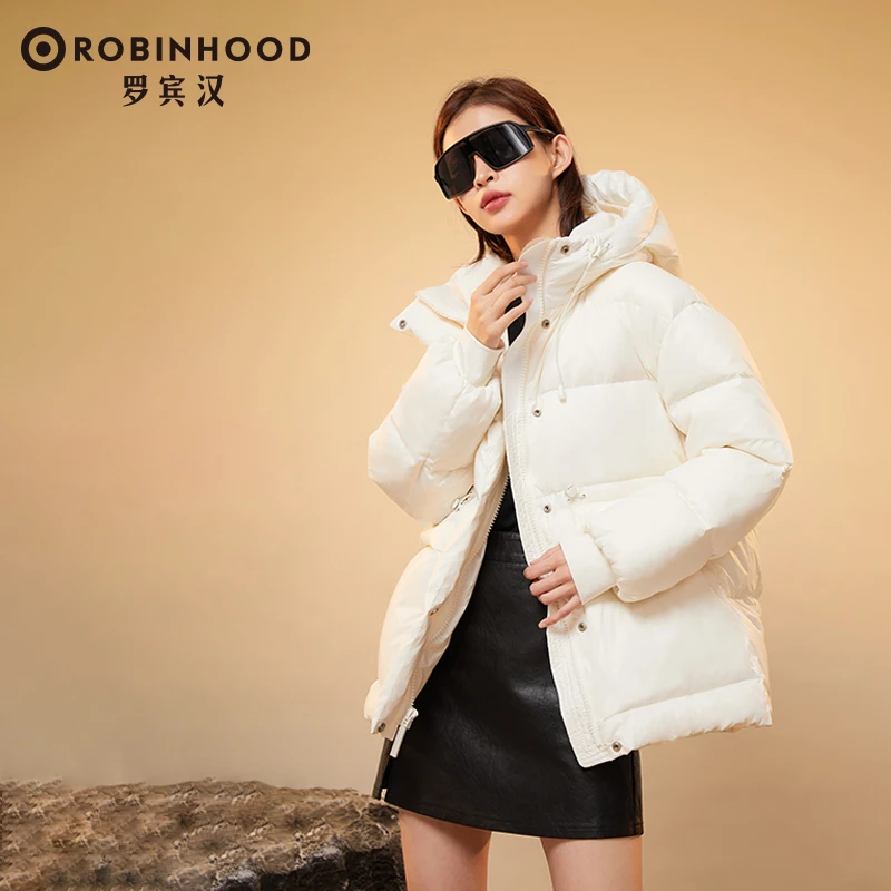 罗宾汉黑色金标时尚百搭休闲保暖女士冬季收腰女中长款羽绒服