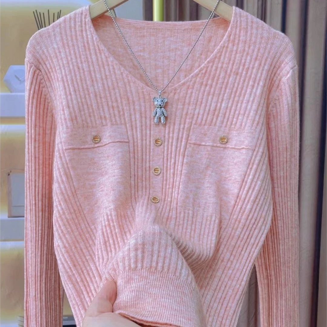 时尚百搭春款V领套头显瘦气质打底宽松毛衣小香风针织衫